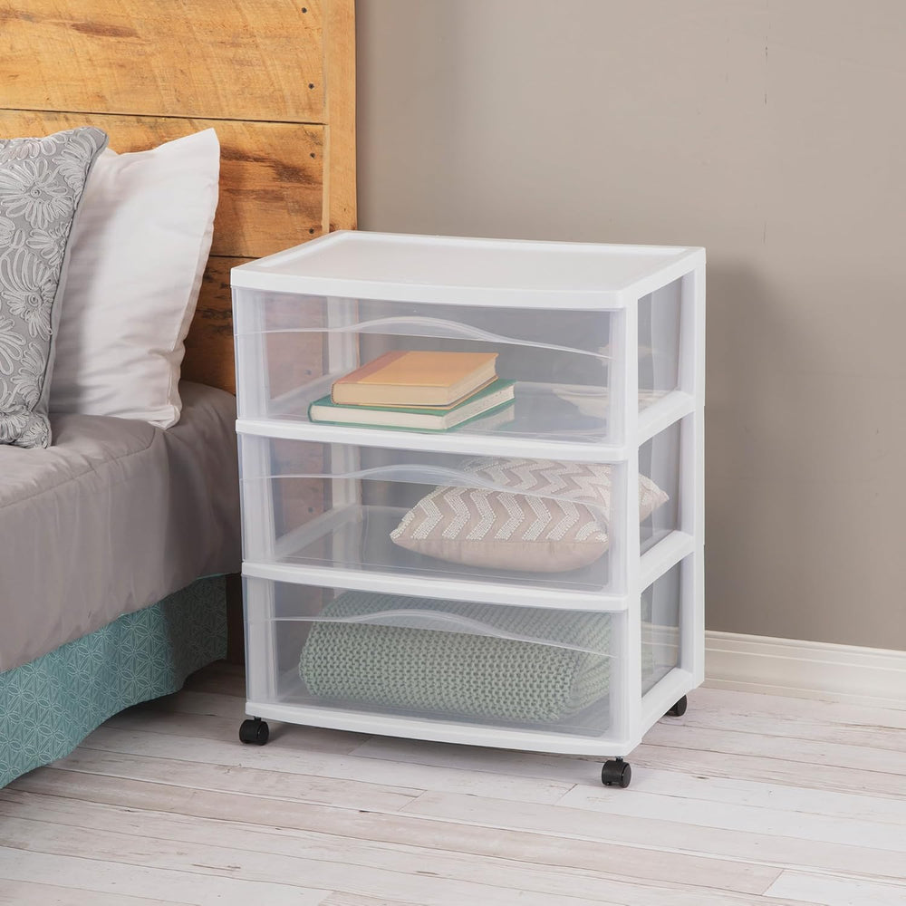 Sterilite Wide 3 Drawer Storage Cart Plastic Rolling Organizer, White Frame