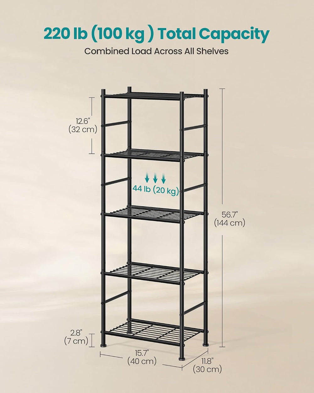 SONGMICS 5-Tier Shelving Unit, Steel Storage Rack, 11.8 x 15.7 x 56.7 Inch