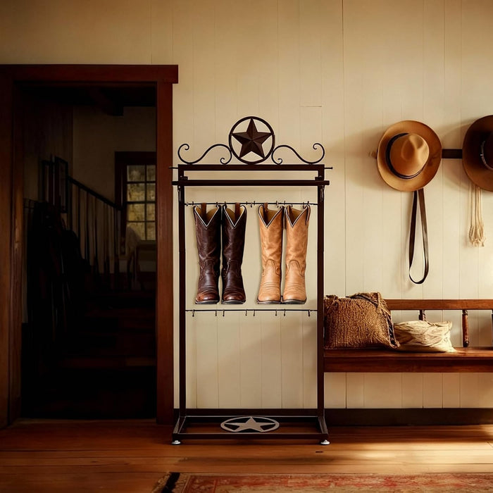 Novabright Western Boot Rack for 4 Pairs, Metal Star Freestanding Cowboy Boot Rack Vertical Organizer Storage Rustic Western Tall Boots Organizer Shelf for Tall Boots Hats Belts and Accessories
