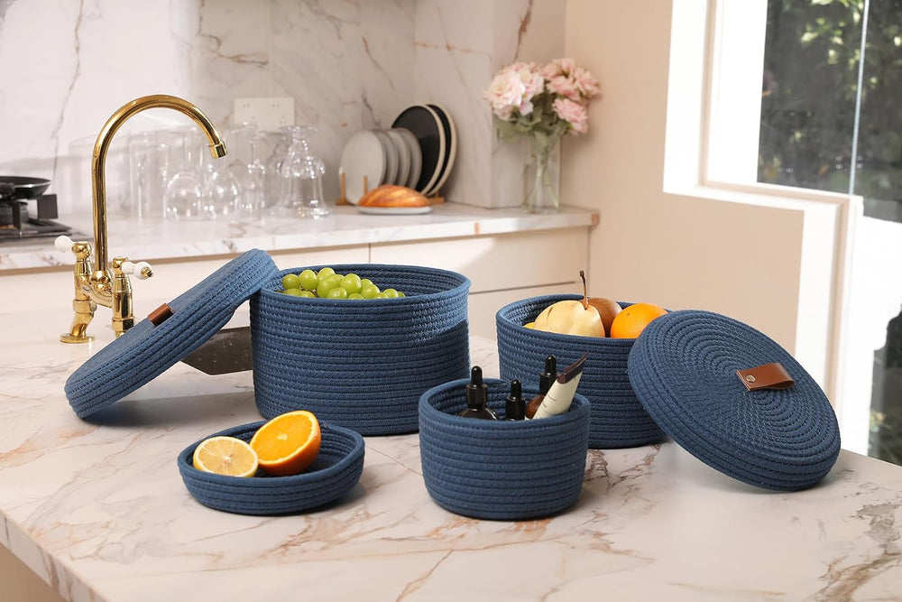 Set of 3 Small Woven Baskets with Lids, Cotton Rope Round Nesting Storage Bas...