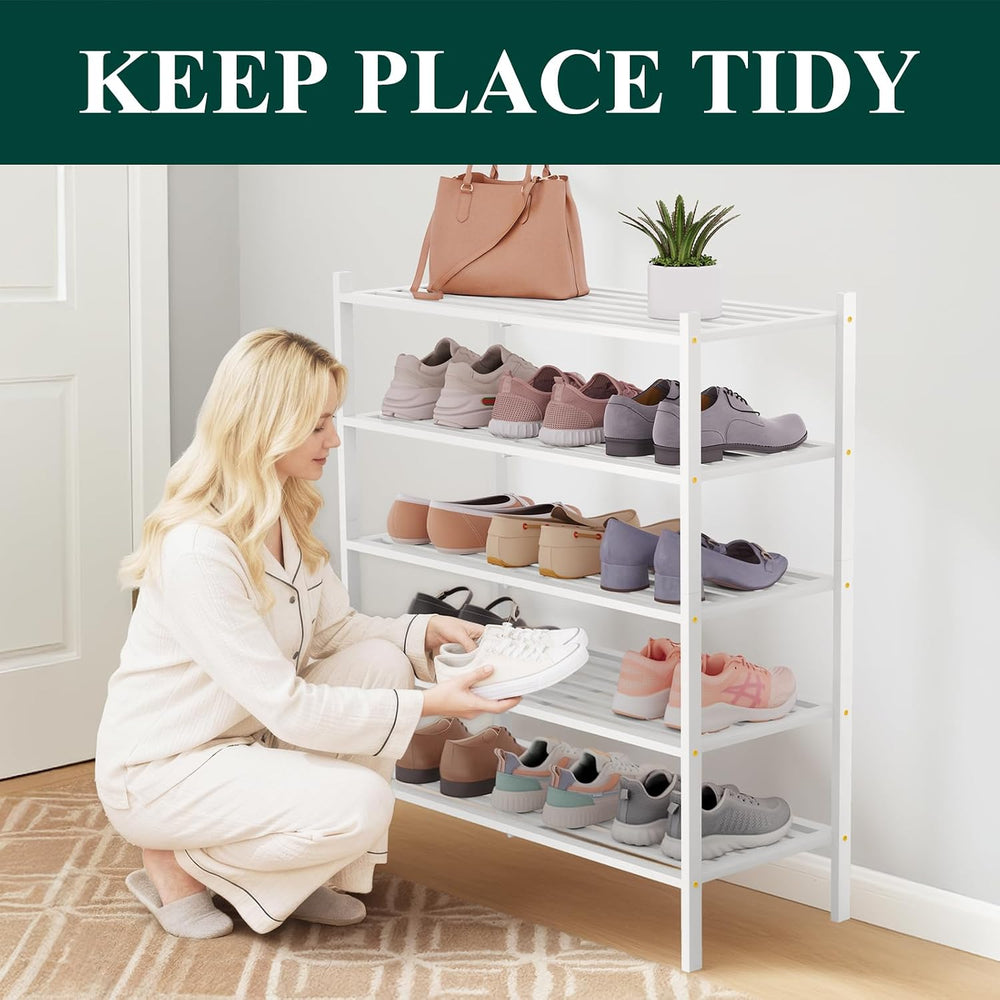 Smiry Bamboo Shoe Rack, 5 Horizontal Slats, 5 Tier - 26.8" Wide, White