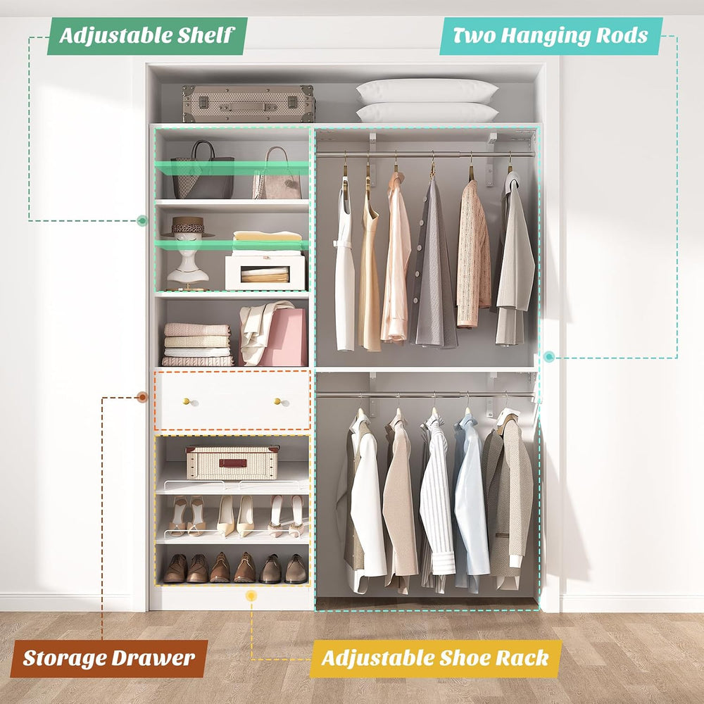 [10 FT Closet System] 120 Inch Reversible Set of 2 Wood Closet Organizer Syst...