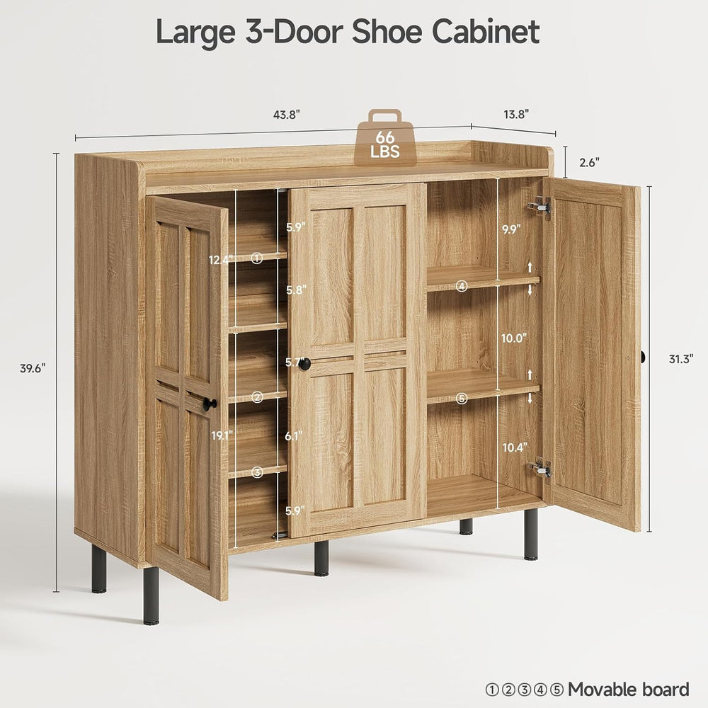 ONBRILL Large Shoe Cabinet with 3 Doors & Adjustable Shelves (Natural Oak)