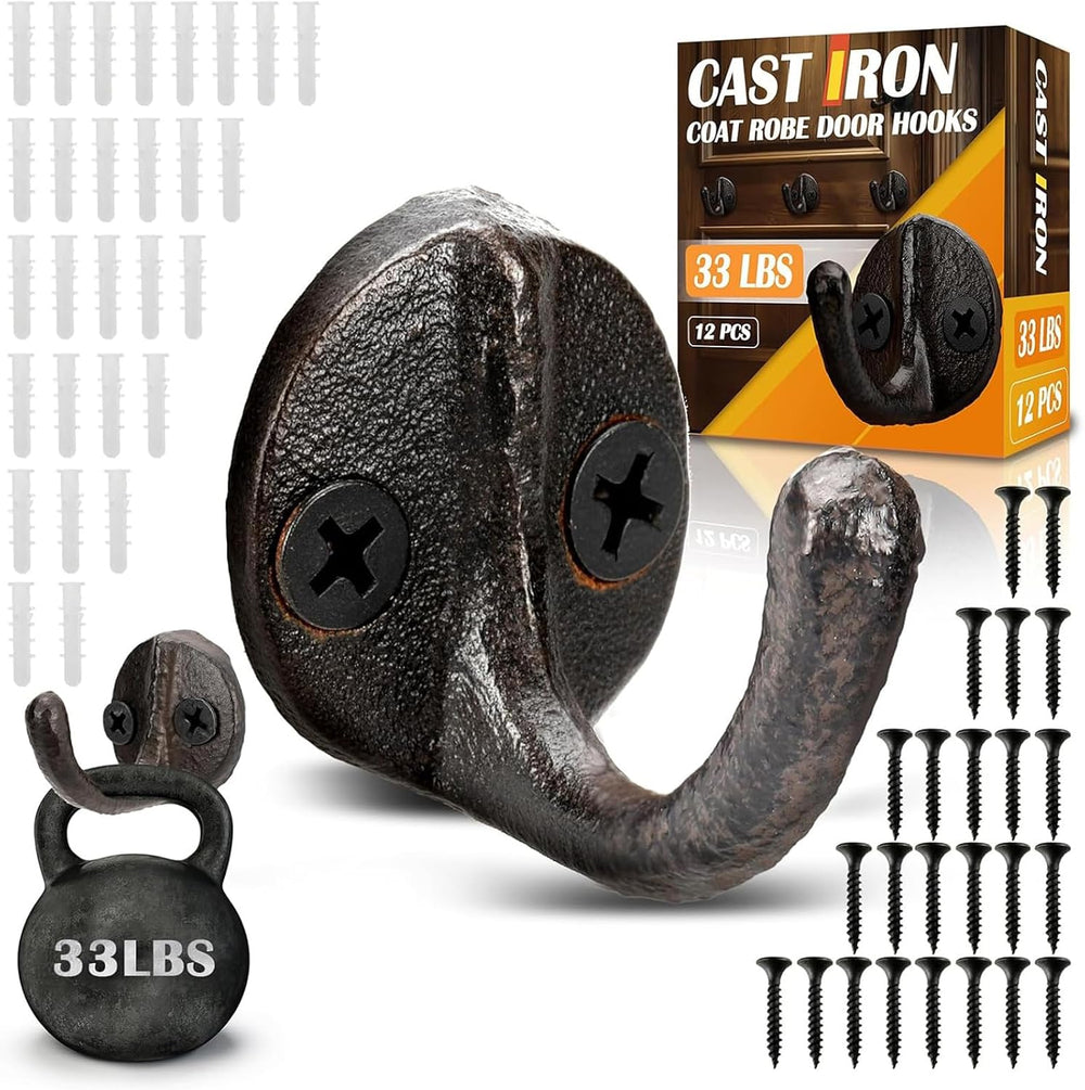 Duraaamo 12 Pcs Rustic Cast Iron Coat Hooks 1.6 x 1.1 in Heavy Duty, Rust