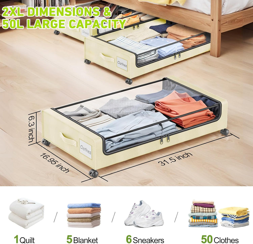 Molutsody Under Bed Storage with Wheels, 4-Pack UnderBed Storage Containers w...