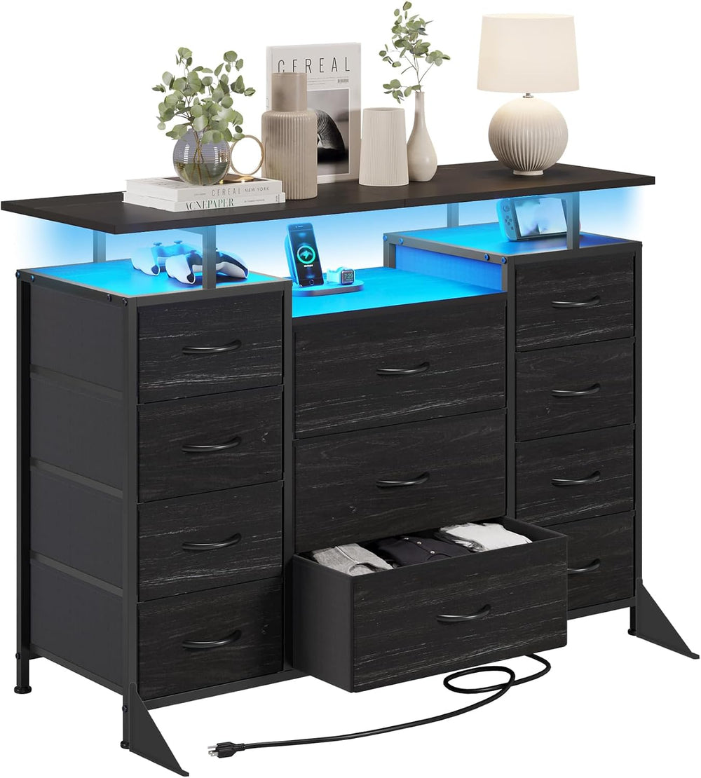 LUMTOK 11 Drawers Dresser with LED Light&Shelf,Dresser tv Stand for Bedroom