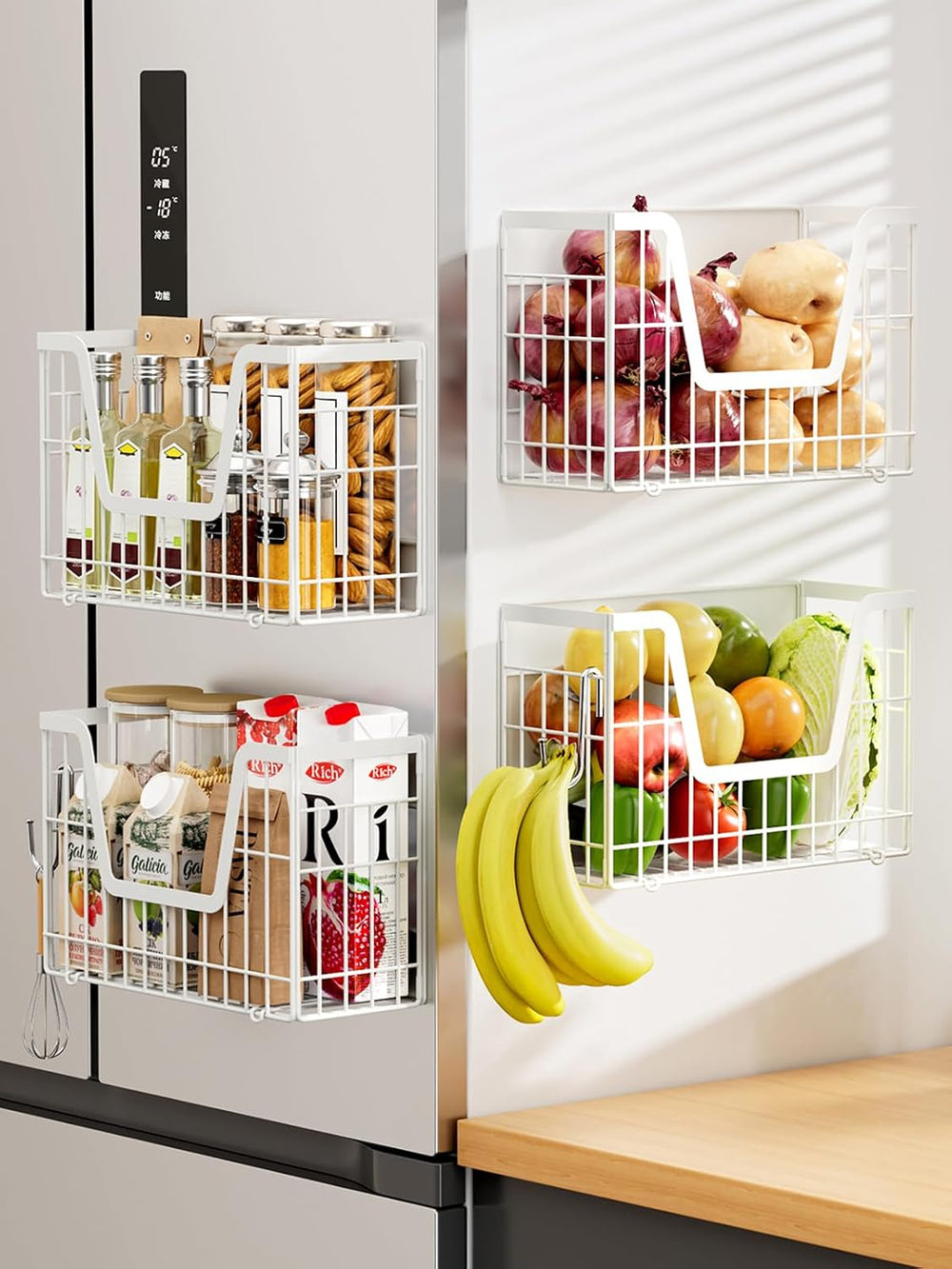4 Pack Magnetic Shelves For Fridge, White Potato Onion Storage Bin