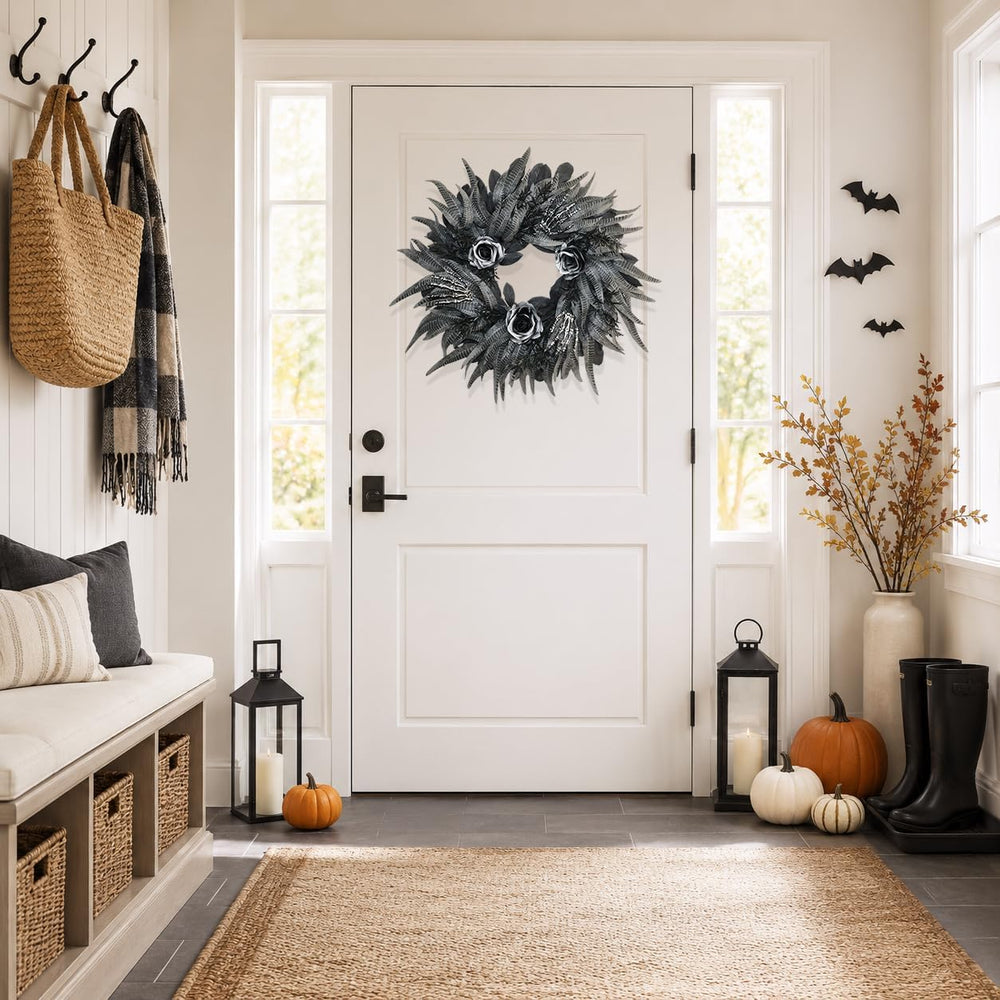 24 Inch Black and Silver Rose Halloween Wreath with 3 Skeleton Hands