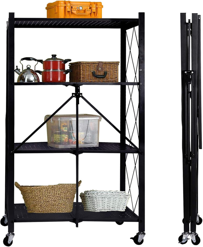 Storage Shelving Unit with Wheels, 4-Tier Perforated Sheet Layer Foldable Metal Rack Freestanding for Garage Kitchen Collapsible Heavy Duty Organizer Shelves Holds up to 1000 lbs Capacity (Black)