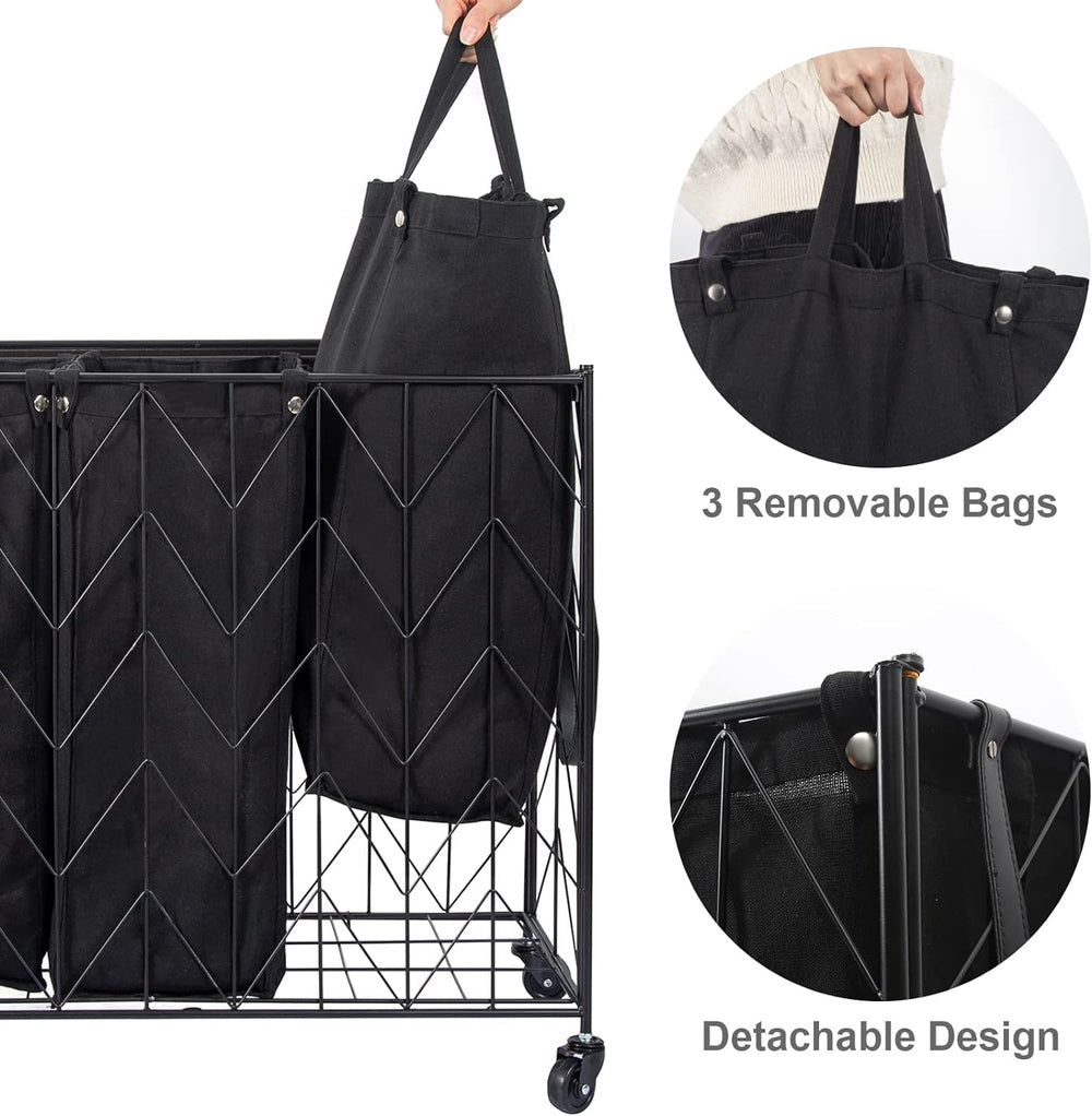 WOWLIVE Laundry Hamper 3 Section with Lid, 142L Laundry Basket with Wheels