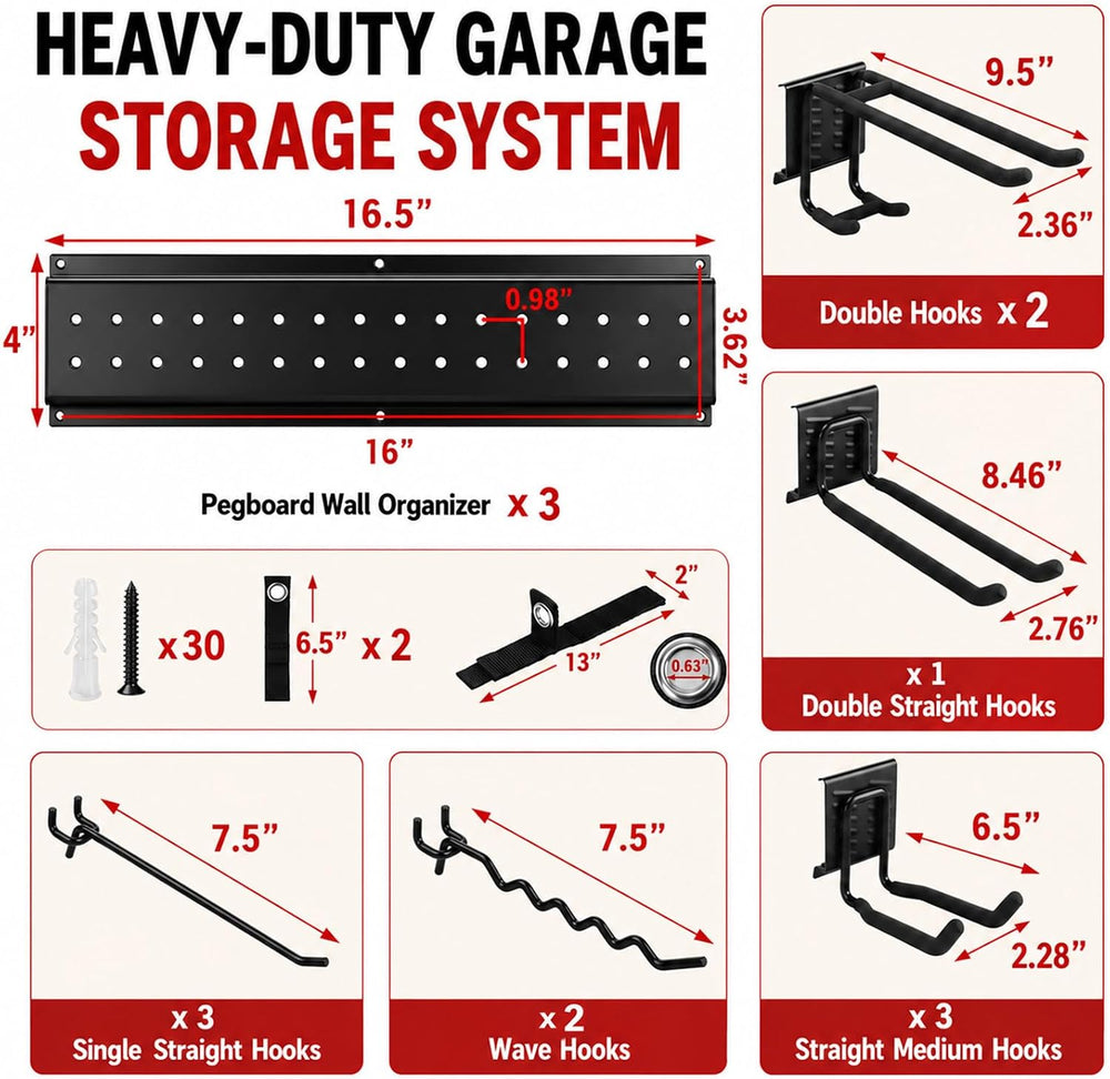 Garage Wall Organizer - 49.5’’ Garden Tool Organizer Wall Mount, 450 LBS Heav...