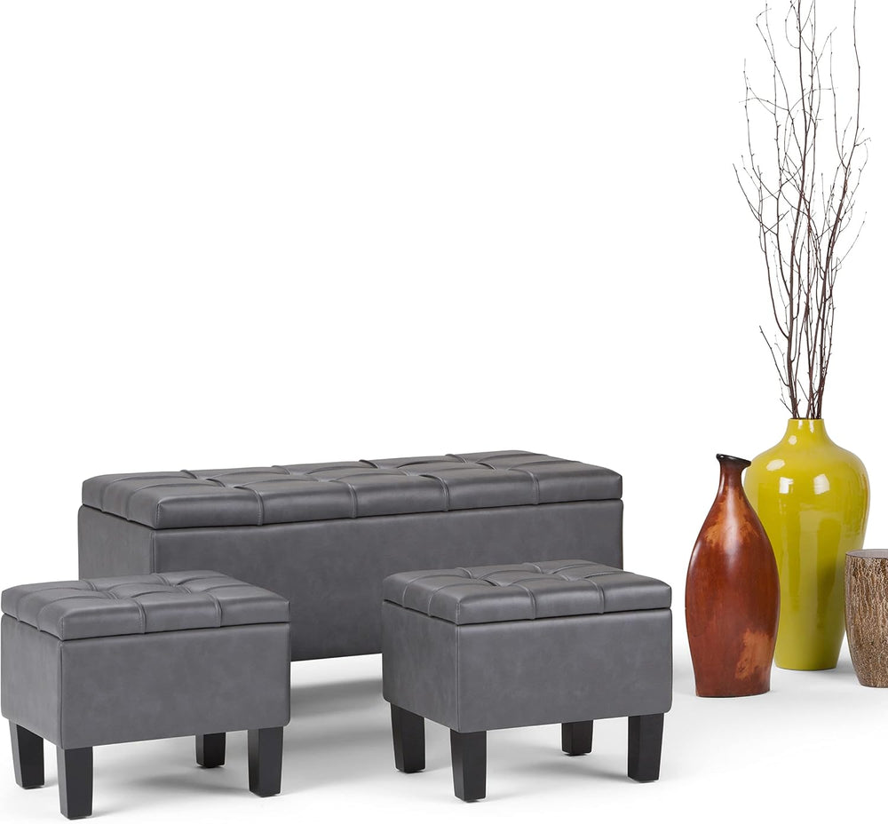 SIMPLIHOME Dover 44" Wide Vegan Leather Storage Ottoman in Grey (Set of 3)