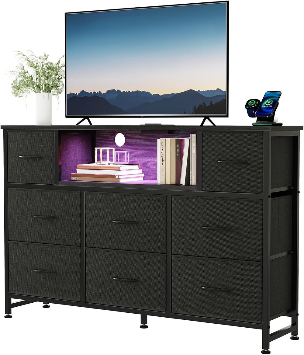 DUMOS LED TV Stand Entertainment Center, Dresser with 8 Fabric Drawers
