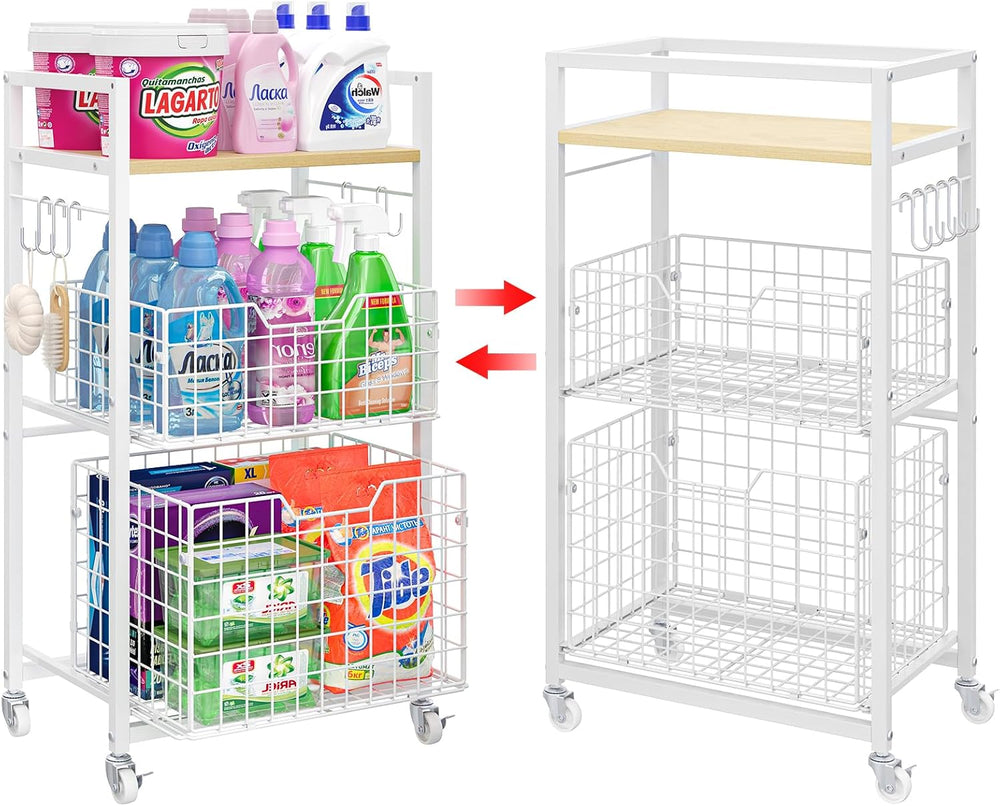 Hongtamoya 3 Tier Laundry Room Cart with Pull-Out Baskets, Storage Cart with ...