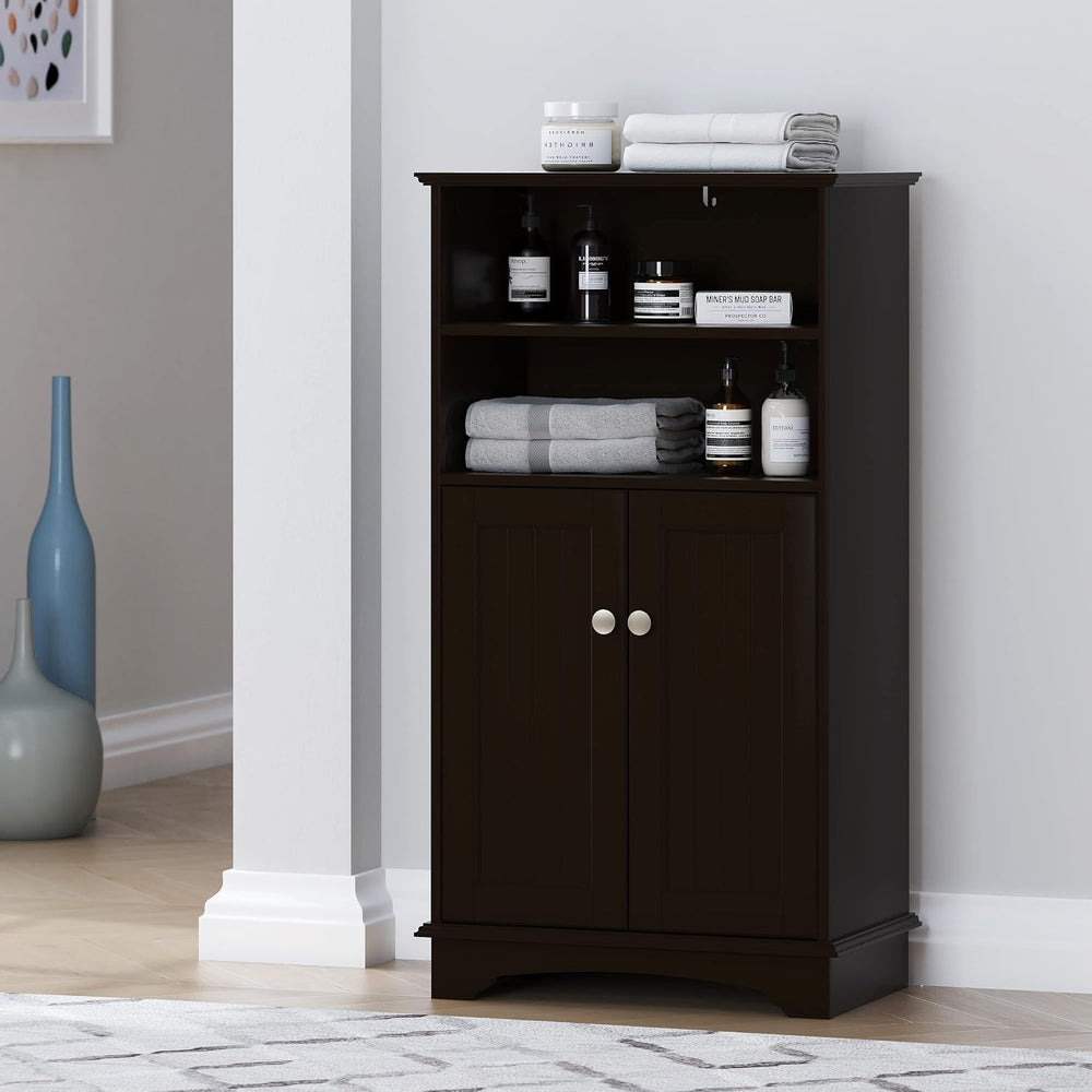 Spirich Small Bathroom Storage Cabinet with Doors & Open Shelves, Espresso