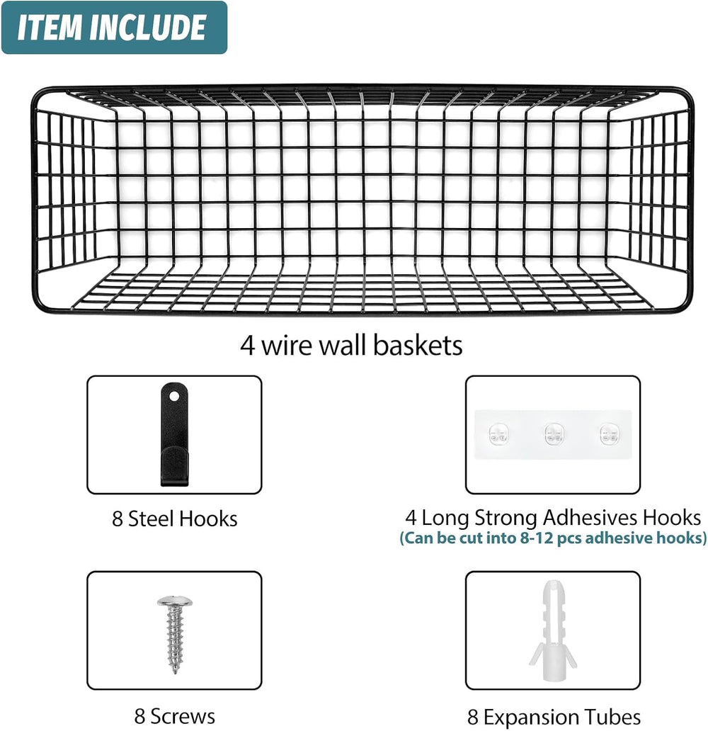 4 Set [EXTRA LARGE] Hanging Wall Mount Storage Baskets with Adhesive Hooks &a...
