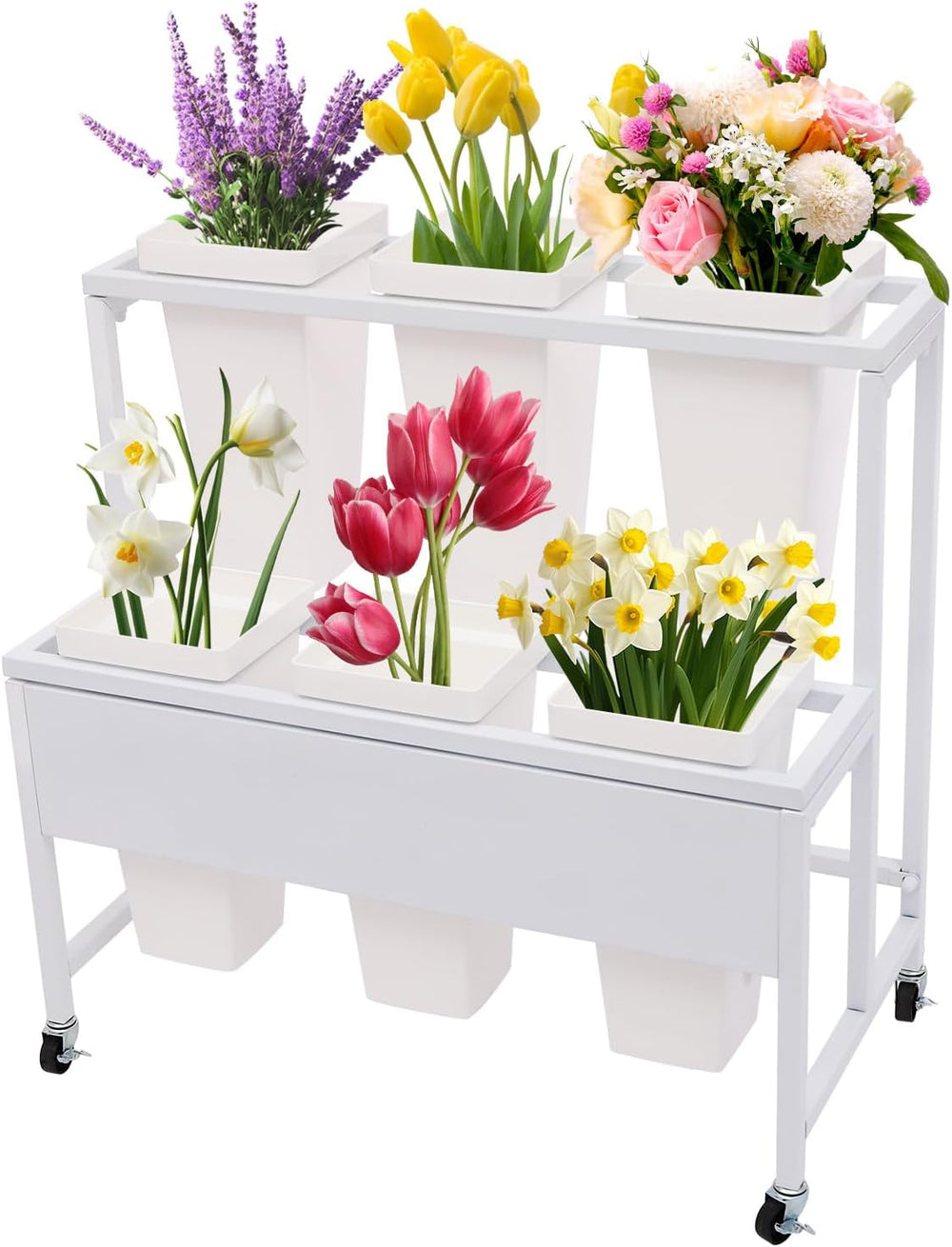 2-Layers Flower Display Stand Metal Flower Display Stand With 6 Pcs Buckets R...