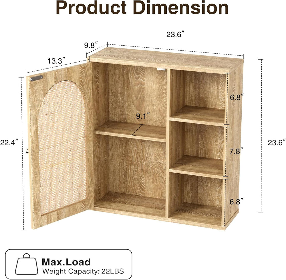 Rattan Bathroom Wall Cabinet with Door, Boho Medicine Wall Cabinets with Adju...