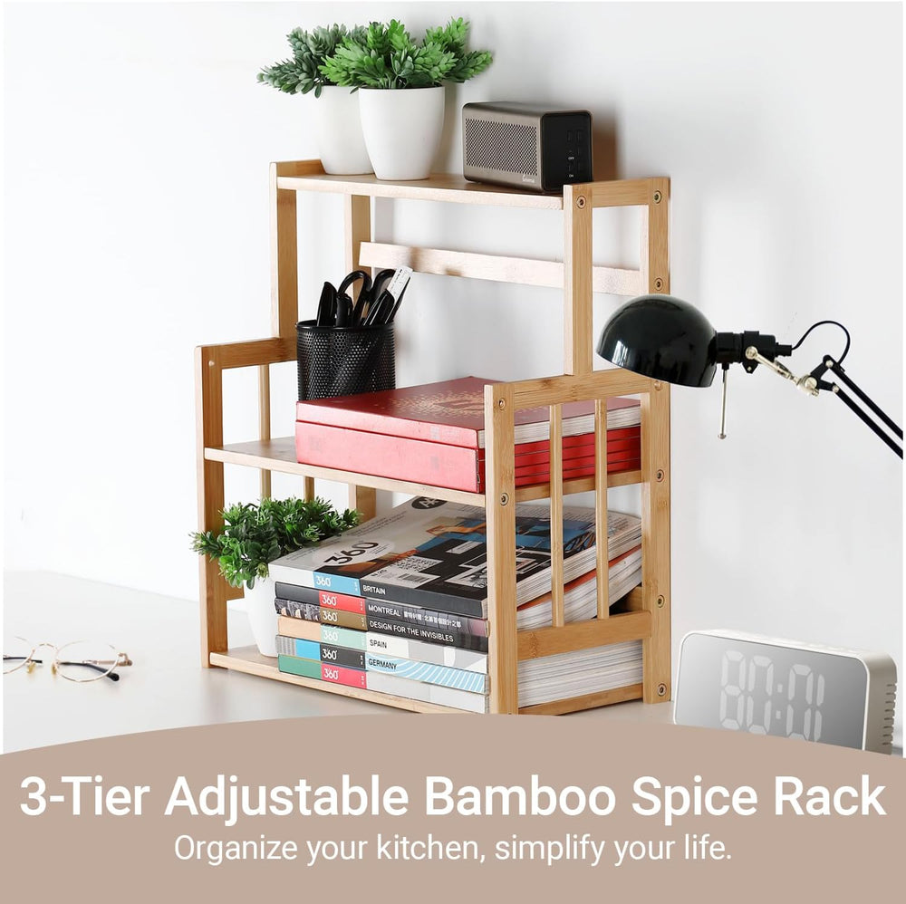 Bamboo Spice Rack 3-Tier Kitchen Countertop Organizer, Adjustable Shelf Pantr...