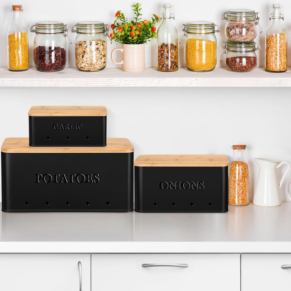 Honeydak 3 Pcs Metal Potato Onion Garlic Storage Bins Set Black
