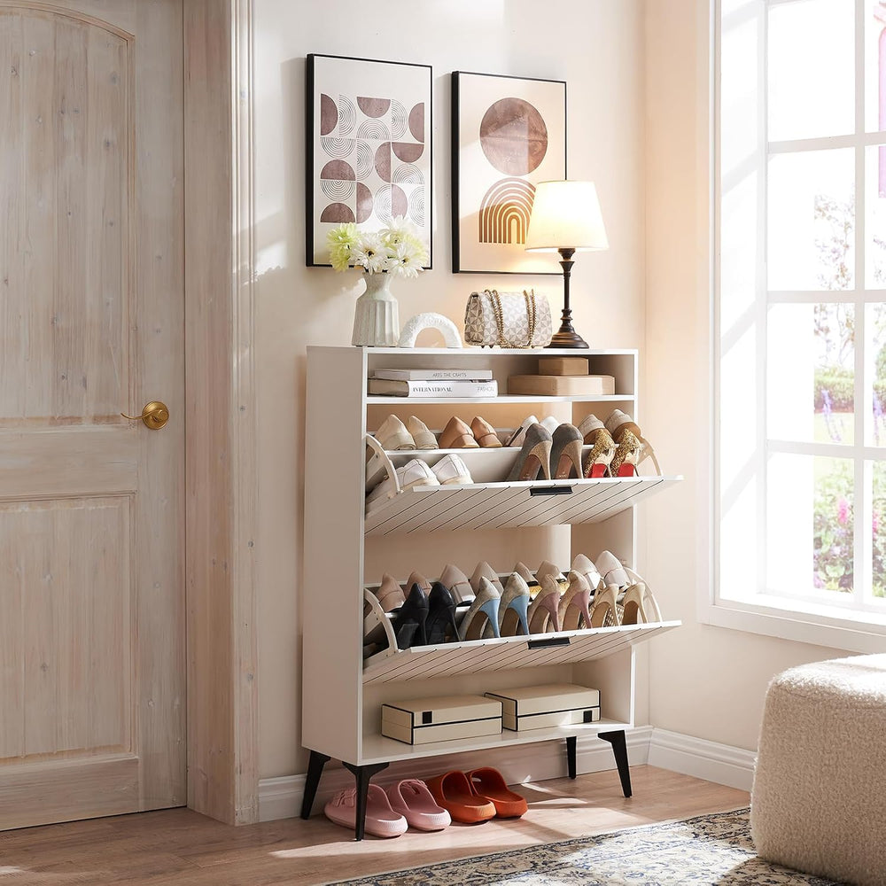 Narrow Shoe Storage Cabinet with Flip Drawers Wooden Organizer Drawer and Ope...