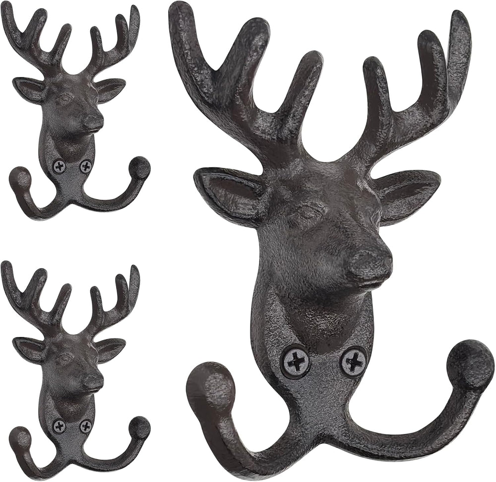 Rustic Deer Head Cast Iron Wall Hooks - Heavy Duty Decorative Coat Hooks Wall...