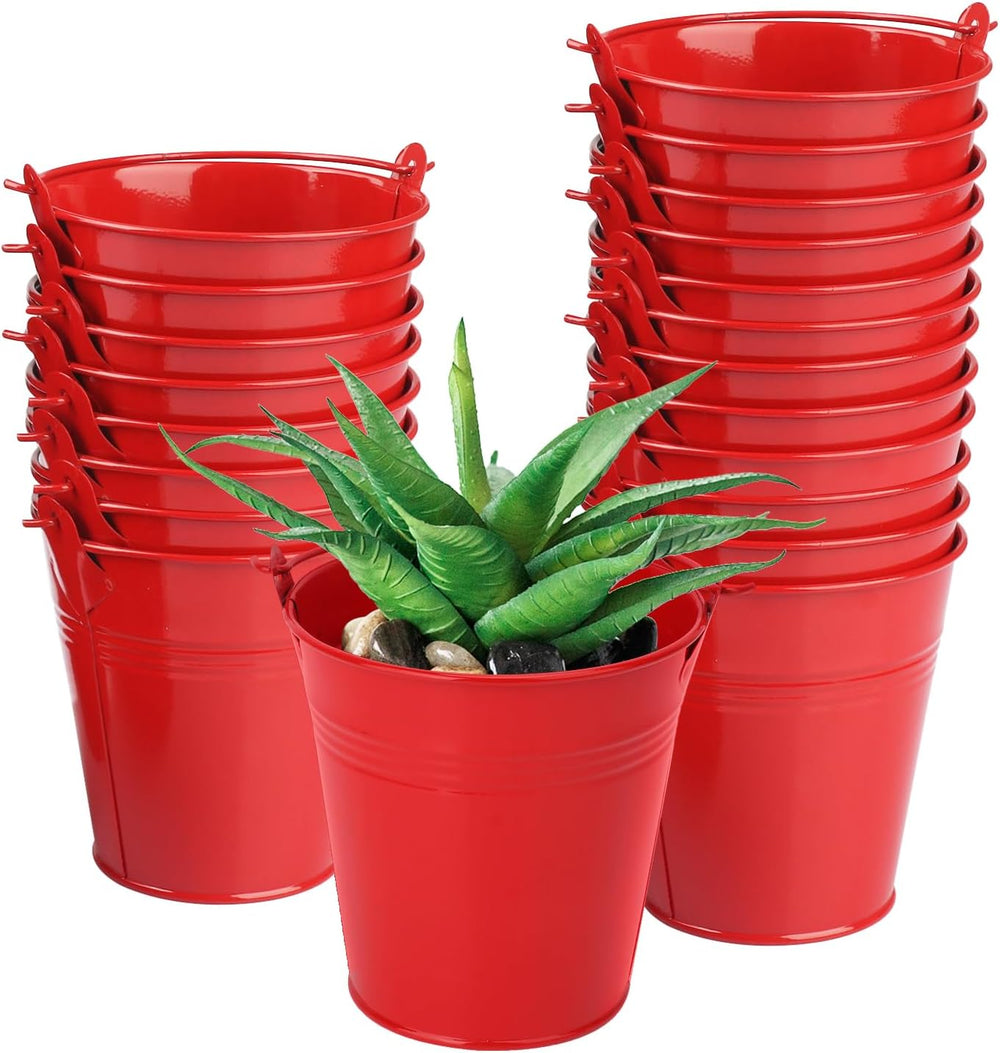 20 Pack 4 Inch Red Mini Metal Bucket, Elegant Galvanized Buckets with Handles...