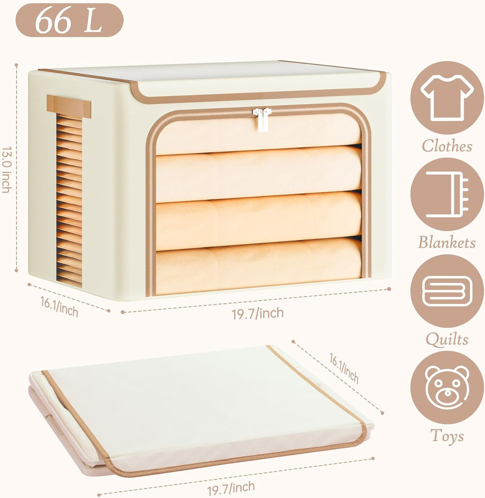 Yecaye Foldable Large Clothes Storage Bins with Lid, Beige, 66L, 3 Pack