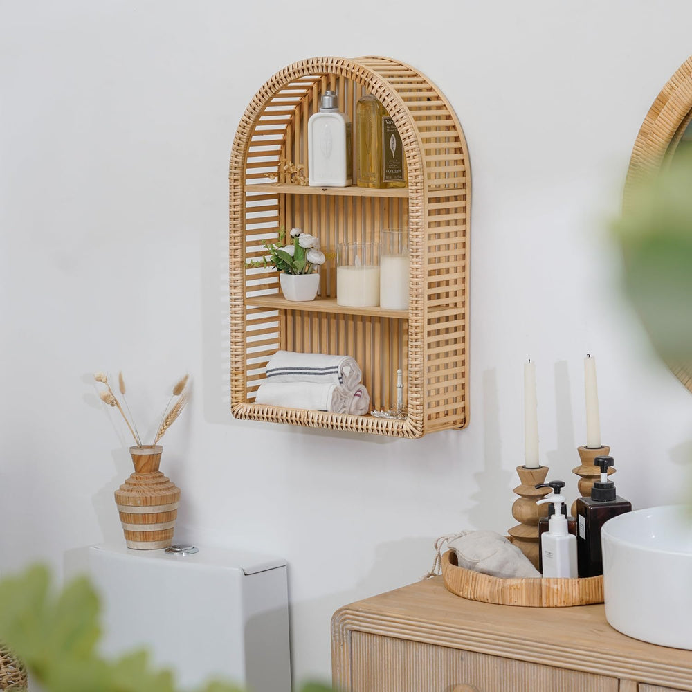 Rattan Wall Shelf - 3 Tier Boho Arch Hanging Shelves Handcraft Floating Shelf...