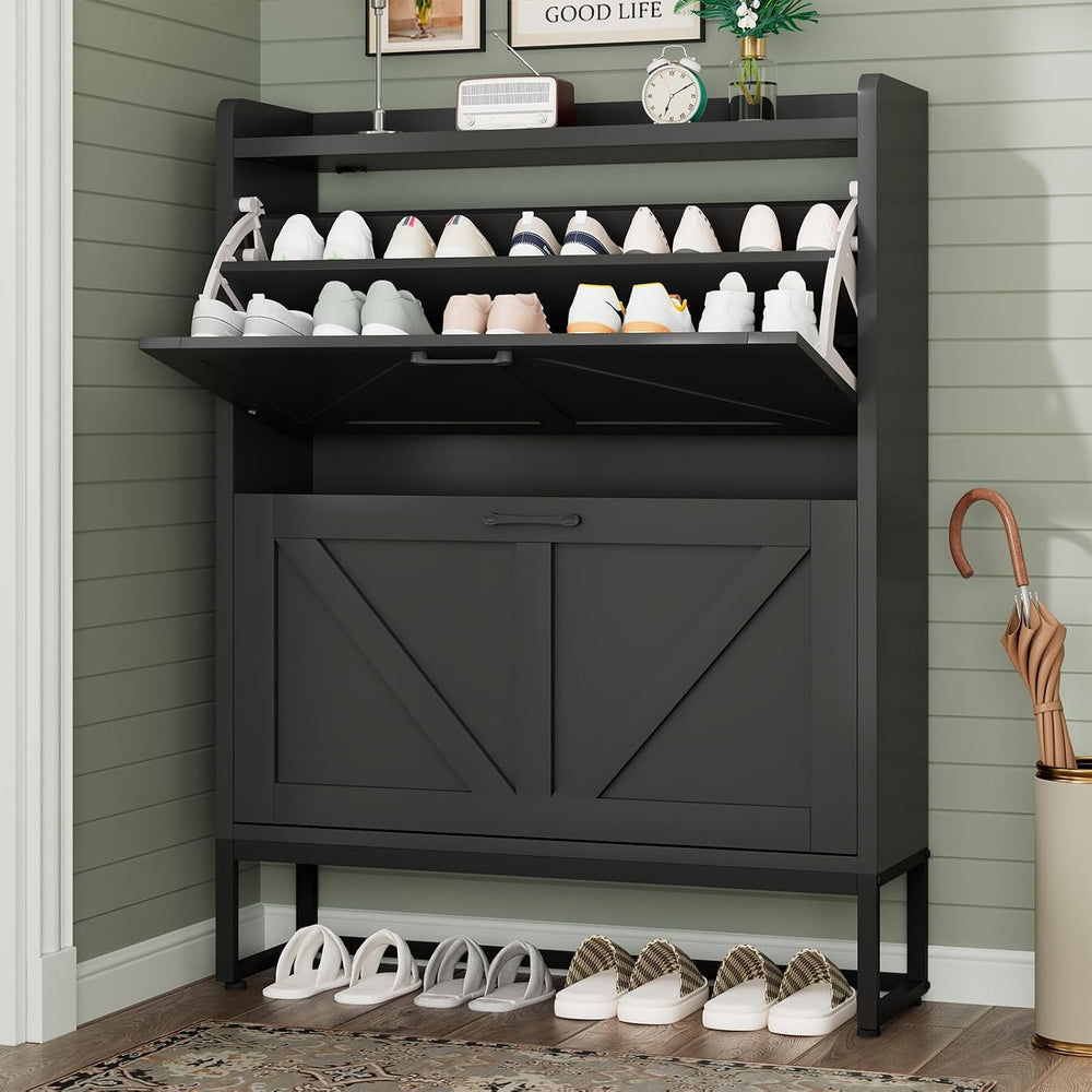 GRUSIGN Shoe Cabinet, Shoe Storage Cabinet with 2 Flip Drawers & Adjustab...