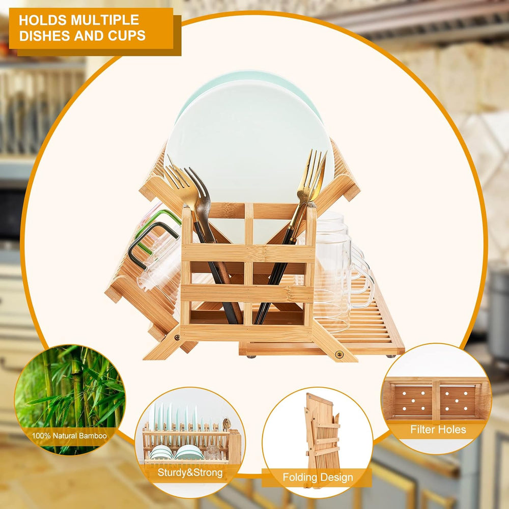 Bamboo Dish Drying Rack, 3 Tier Collapsible Wooden Dish Drainer Rack with Ute...