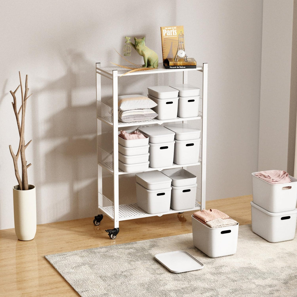 Folding Storage Shelves No Assembly, 4 Tier Foldable Storage Shelves with Whe...