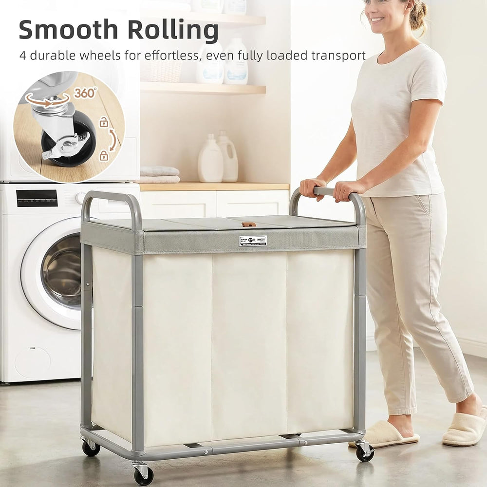 STORAGE MANIAC Laundry Hamper 3 Section with Lid Rolling Laundry Basket