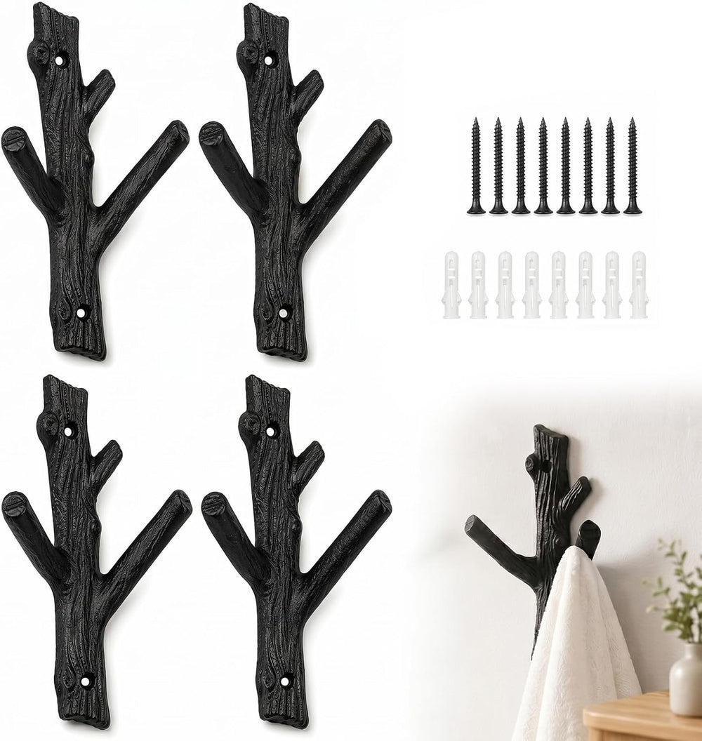Frienda 4 Pcs Rustic Tree Branch Decorative Hooks, Black, 7.5" X 3.7 "