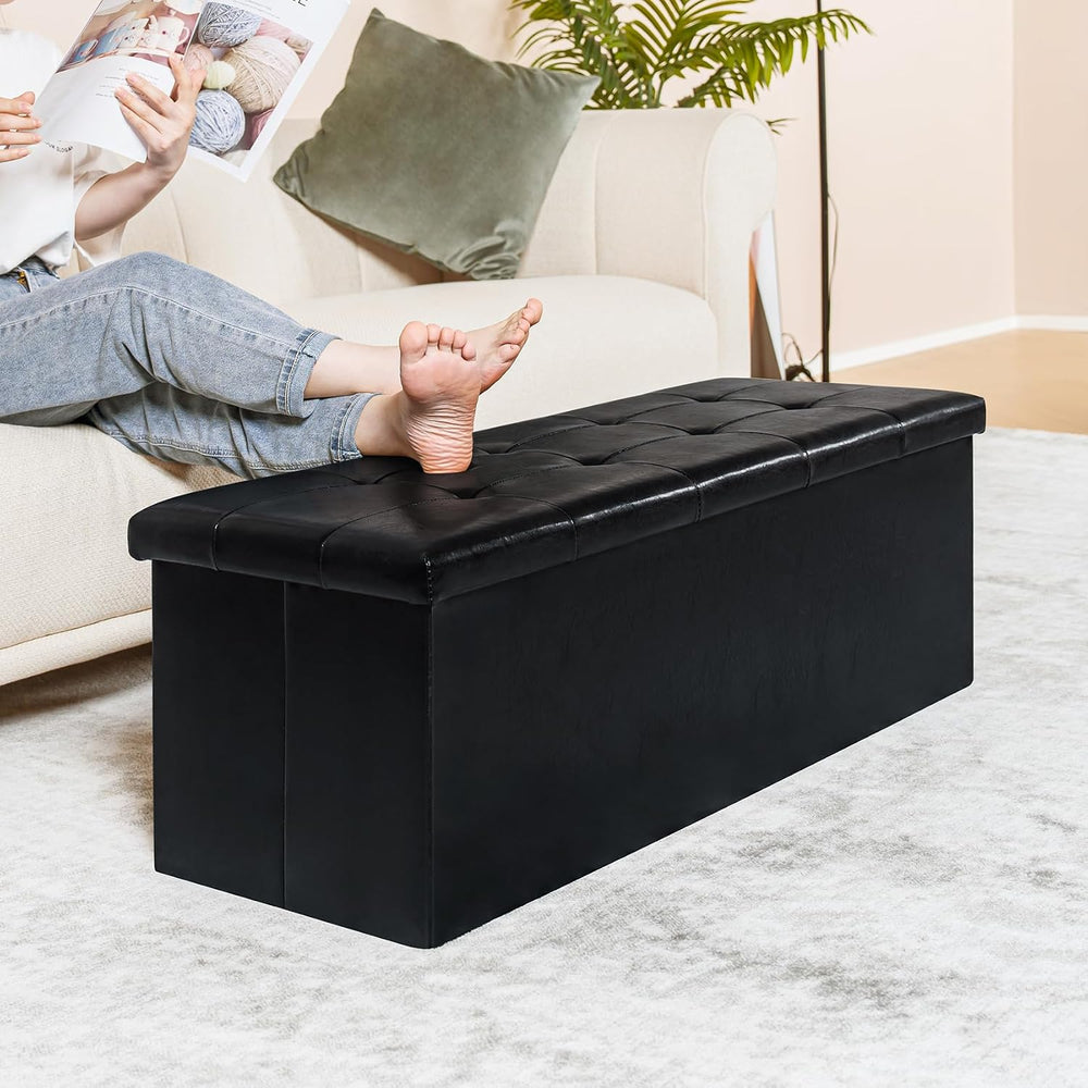 PINPLUS Folding Storage Ottoman Bench, Black Faux Leather