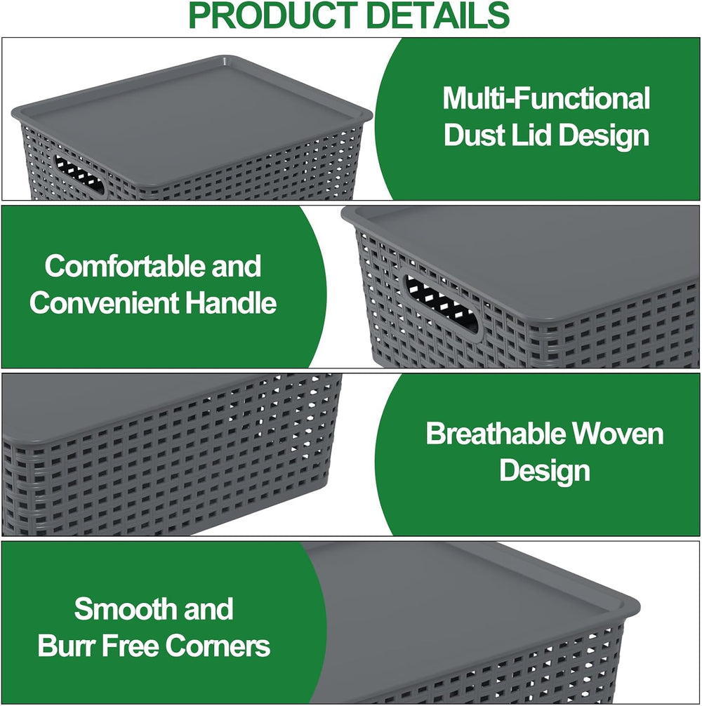 Plastic Storage Baskets with Lids, Organizer Bins, 6-Pack, Gray