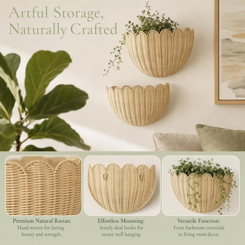 Scalloped Wall Basket Set of 2,Boho Hanging Wicker Wall Baskets