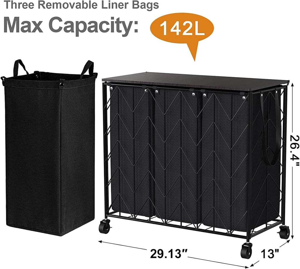 WOWLIVE Laundry Hamper 3 Section with Lid, 142L Laundry Basket with Wheels