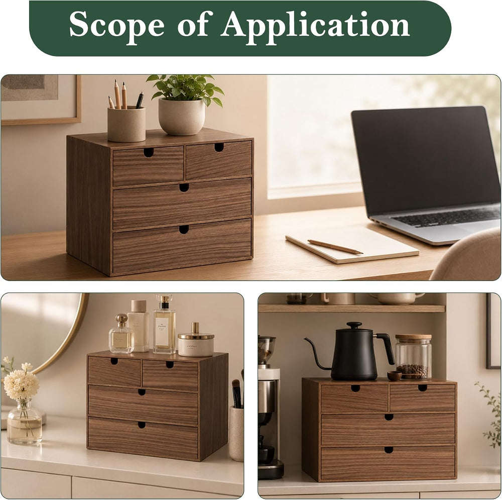 3-Tier Wooden Desk Organizer with 4 Drawers, Walnut Finish