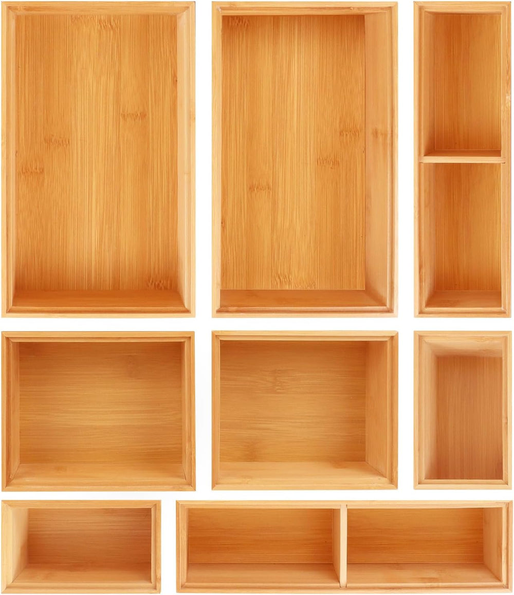 Bamboo Drawer Organizer Set, 8 PCS Multi-Use Wood Drawer Storage Boxes, Junk ...
