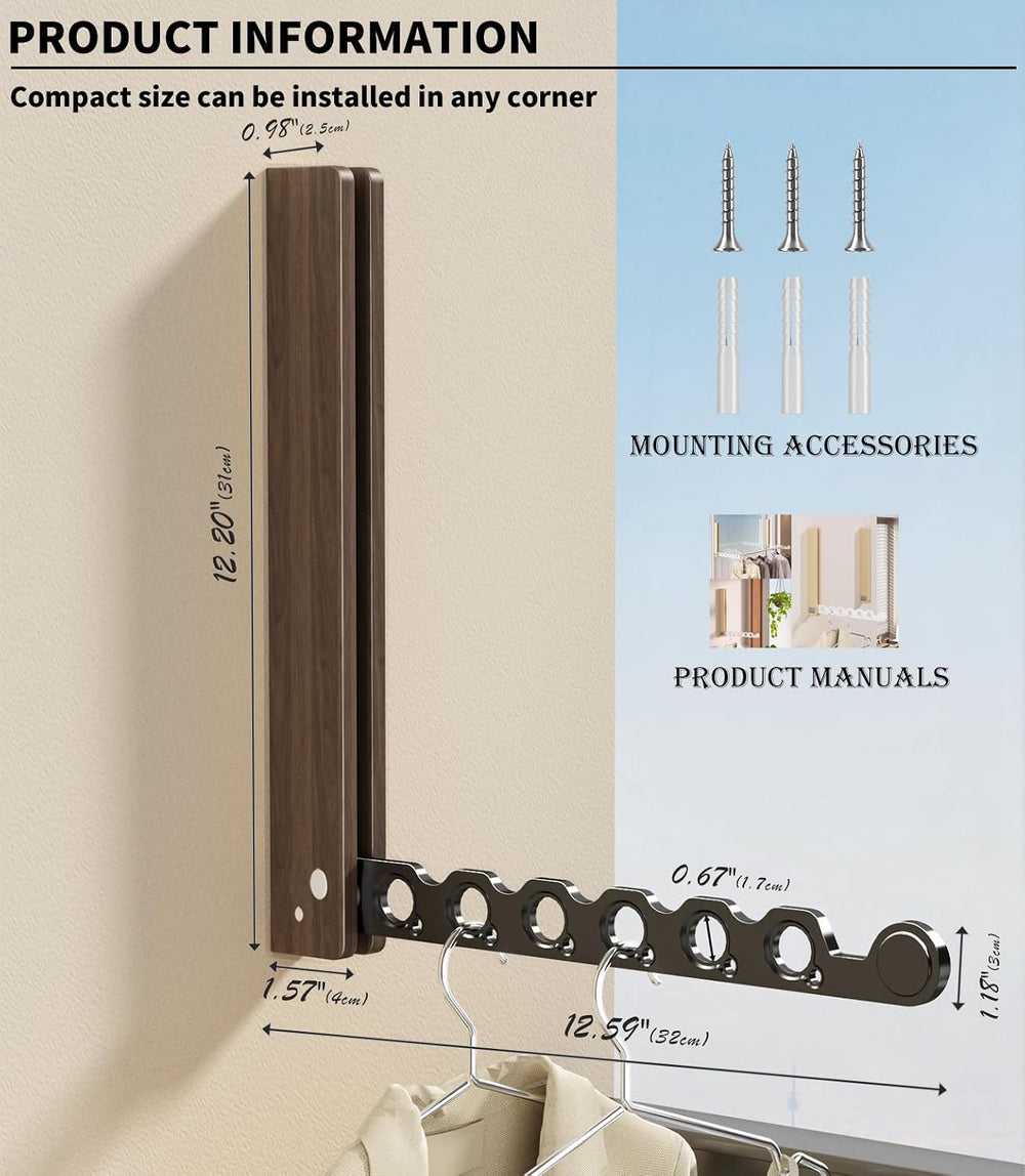 Natural Wood Folding Clothes Hanger Rack for Laundry Room, Wall Mounted Cloth...