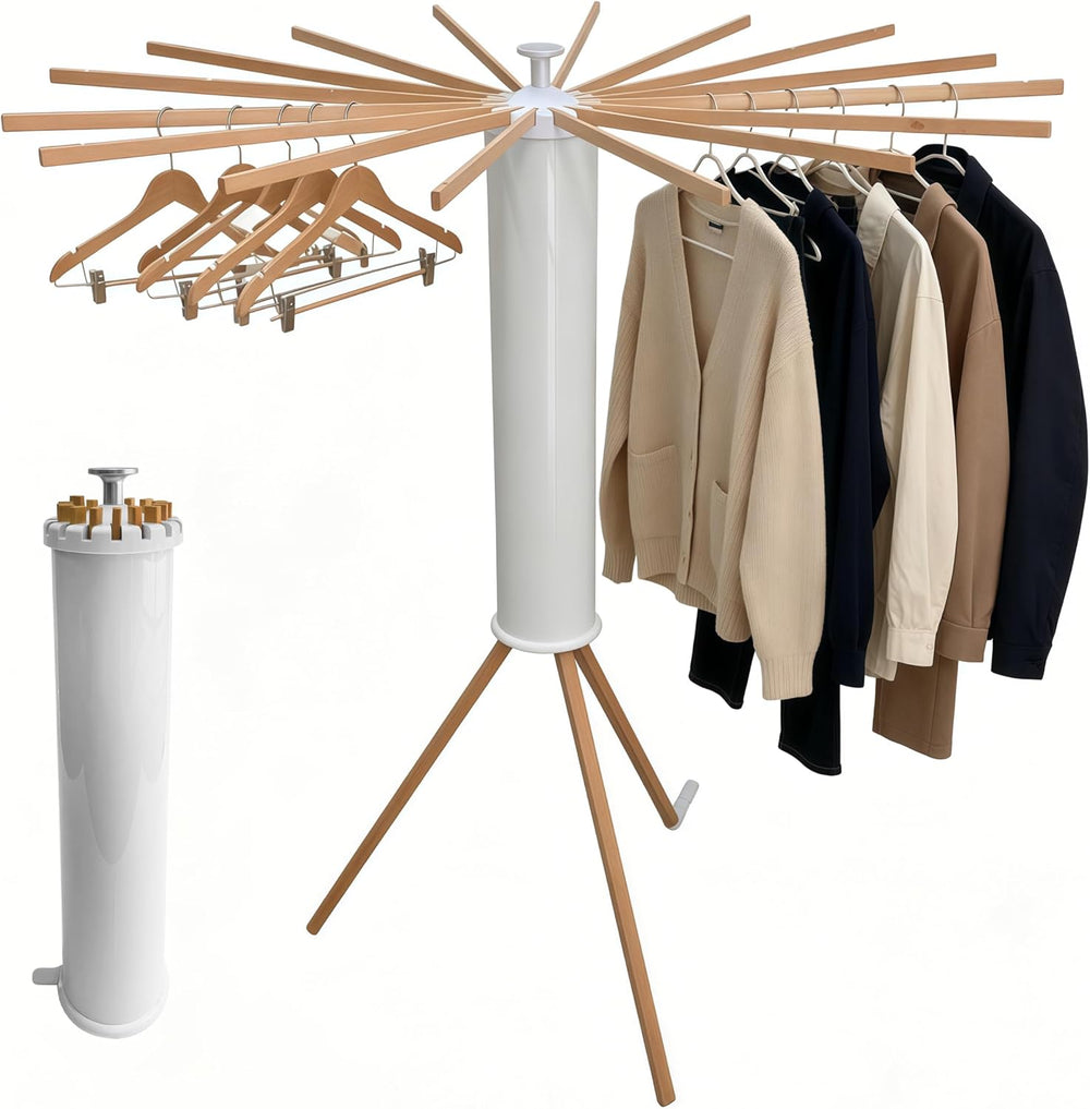Clothes Drying Rack Foldable, Rotary Tripod Laundry Drying Rack,16 Wooden Pol...
