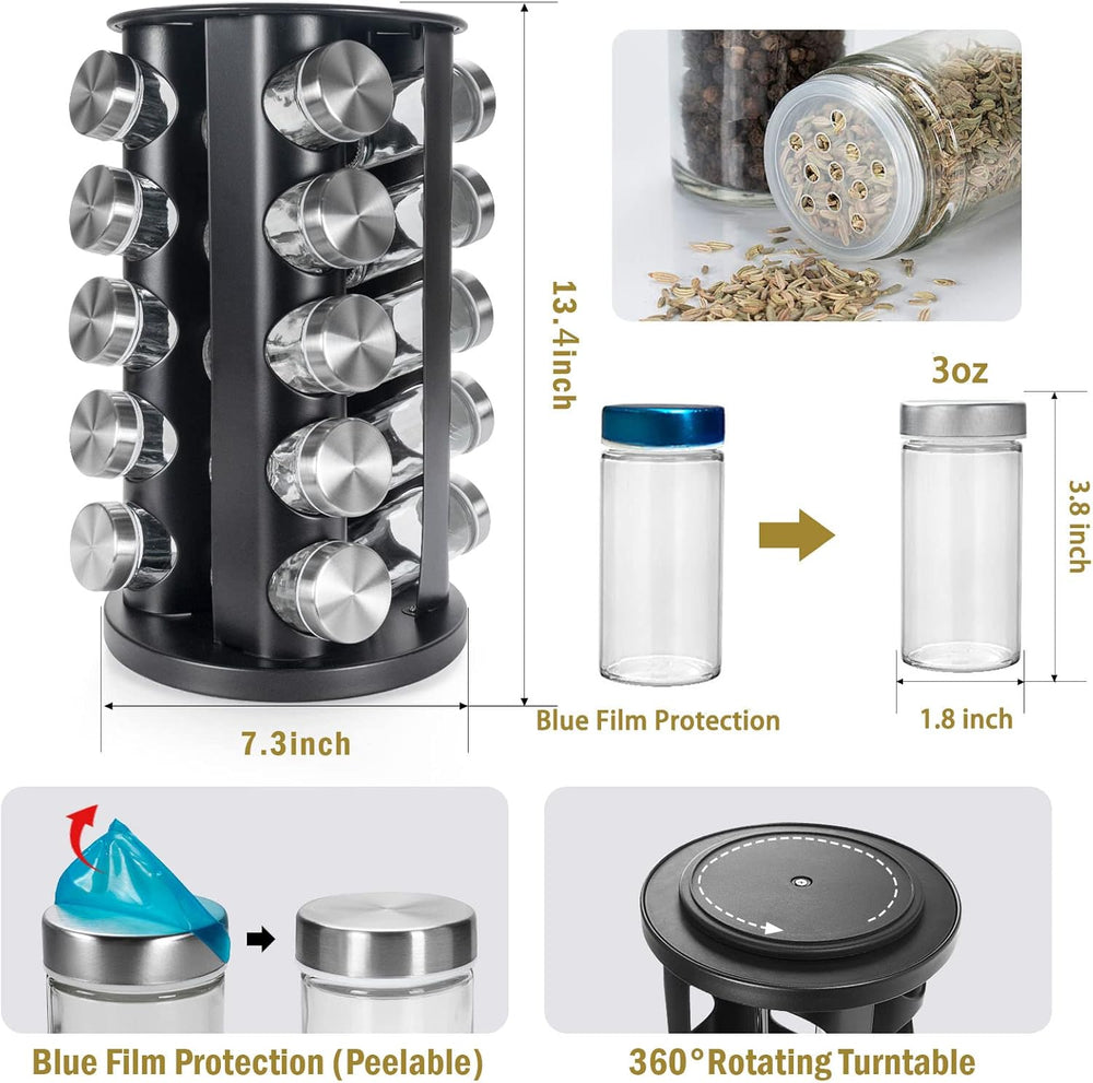 Tianifa Black Countertop Revolving Spice Rack, Empty 20-Jars Rotating Spice R...