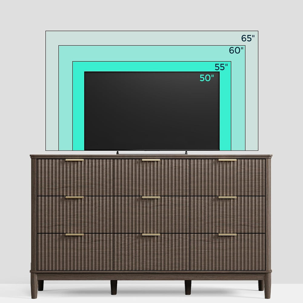 LINSY Fluted 9 Drawer Dresser for Bedroom, 58" Wide Mid-Century Modern T...
