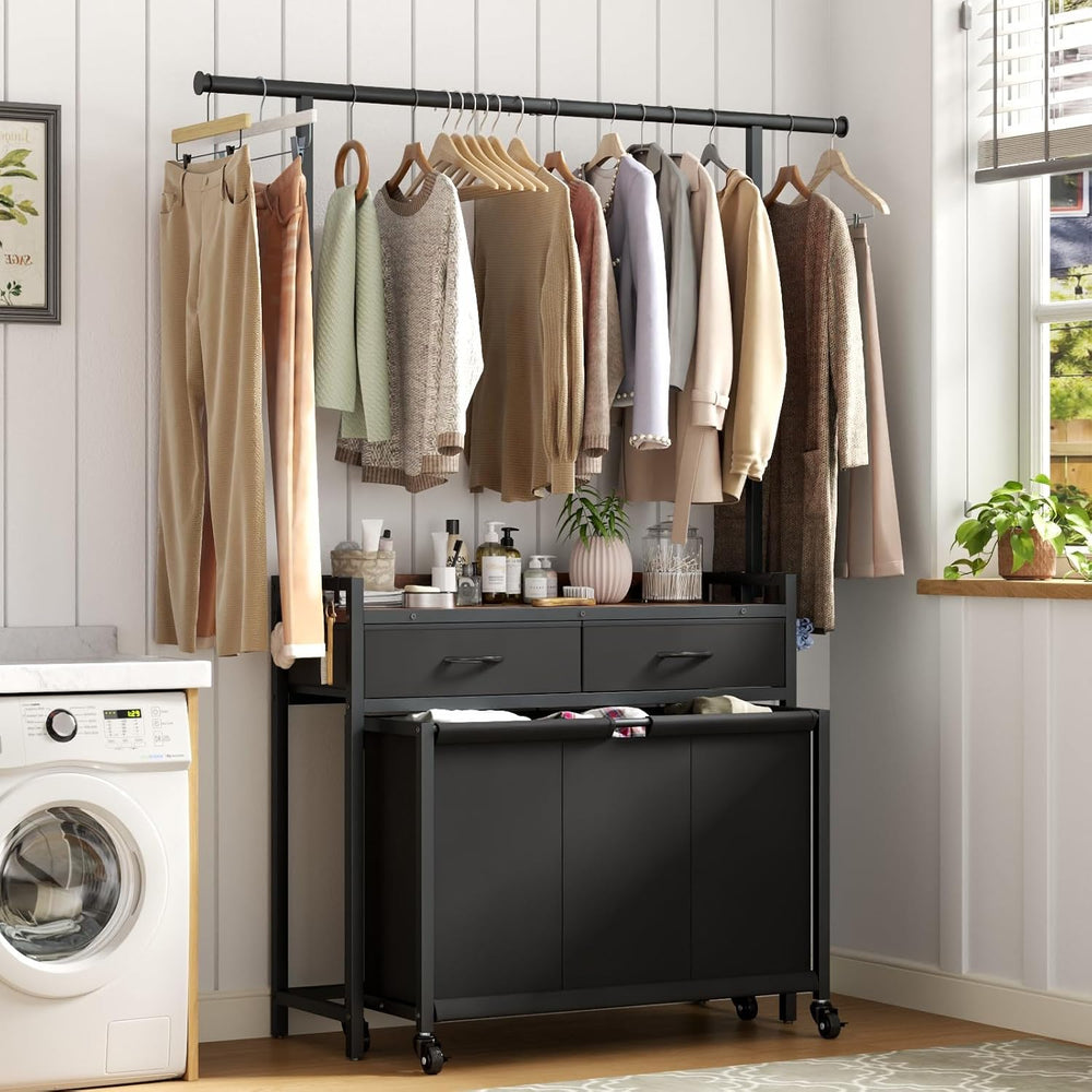 STIKELY Laundry Sorter Hamper with Hanging Cloth Rack, Laundry Basket with 3 ...