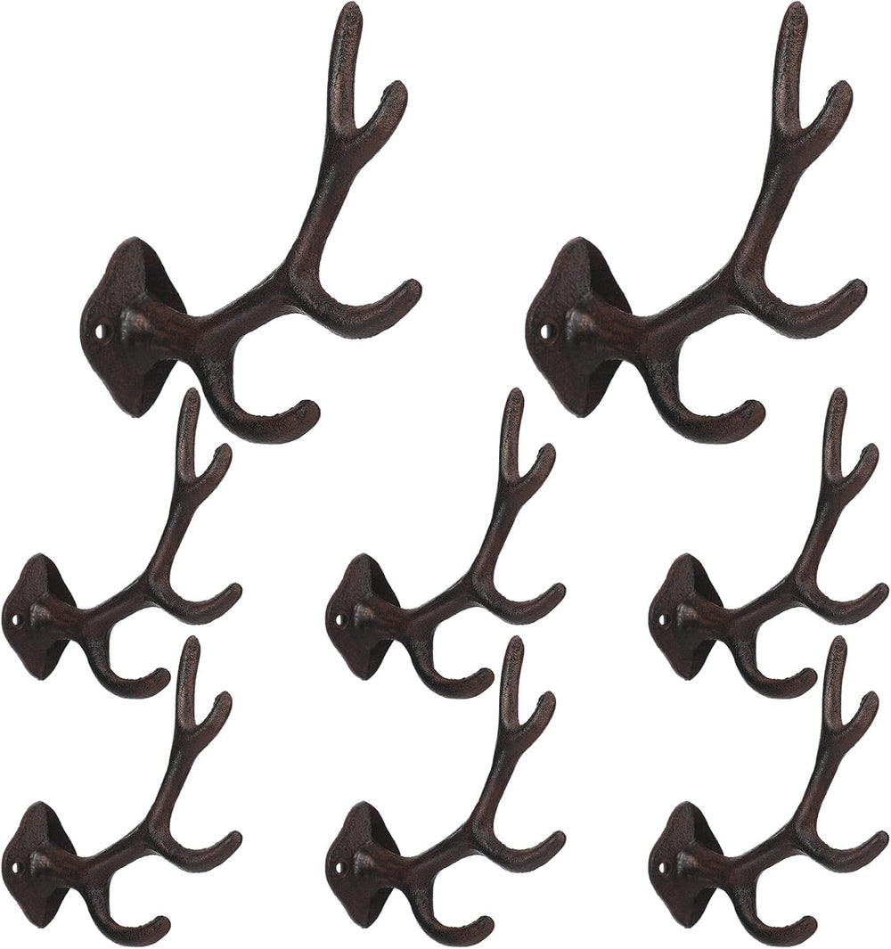 Chumia 8 Pcs Rustic Cast Iron Wall Hooks Deer Antler Coat Hooks, Brown