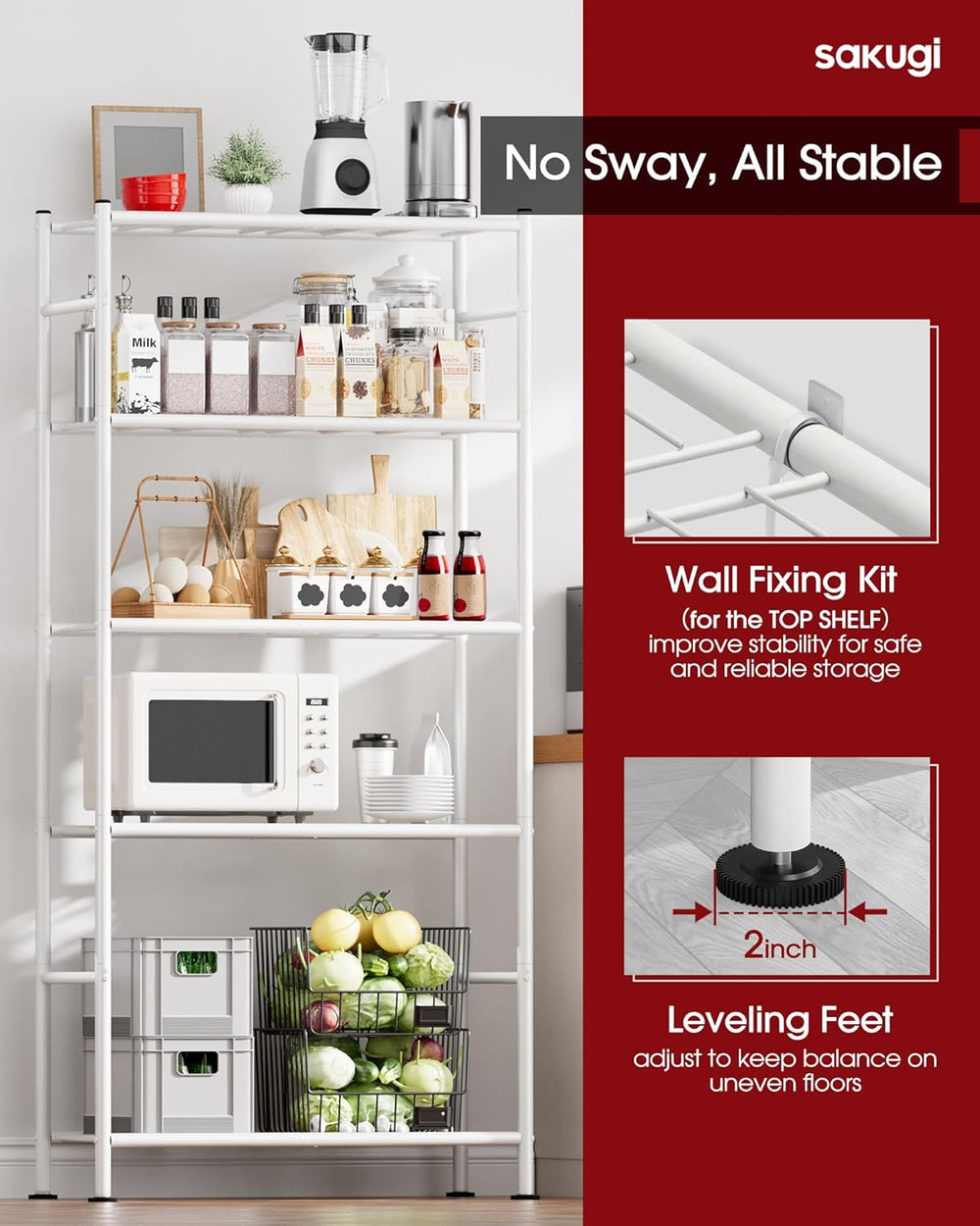 Sakugi Storage Shelves - 5 Tier Shelf Organizer, Heavy Duty Garage Shelving U...