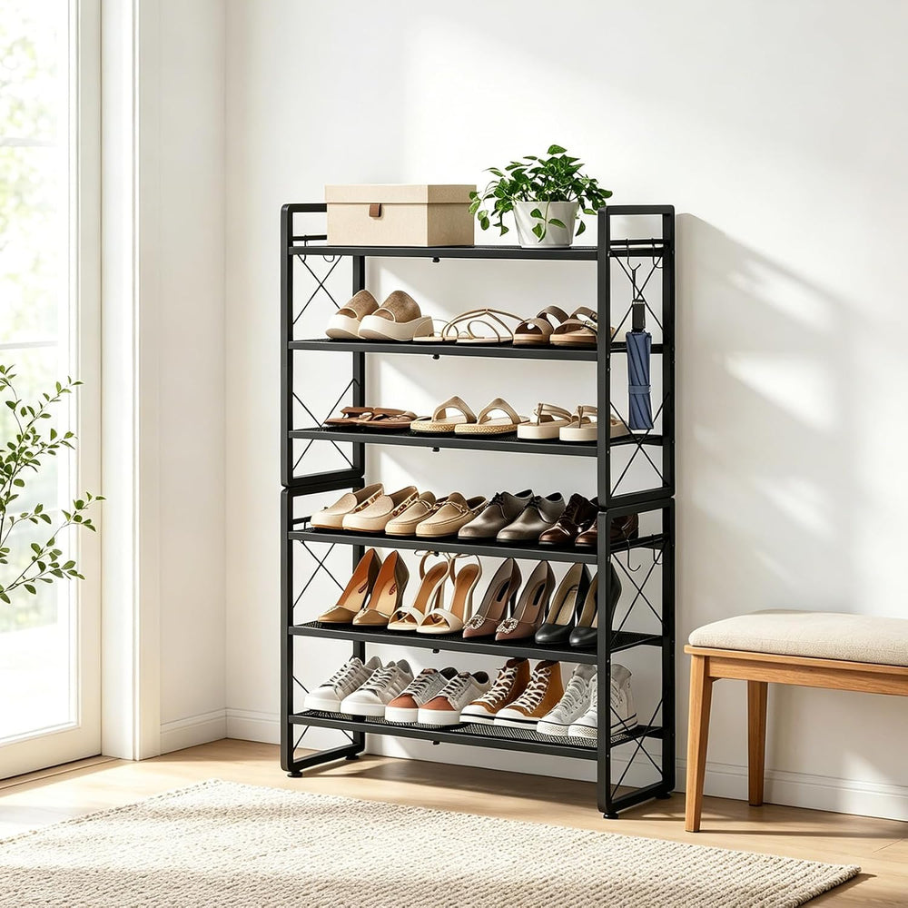 ELYKEN Expandable Shoe Rack for Closet, 6-Tier Metal Black Shoe Organizer