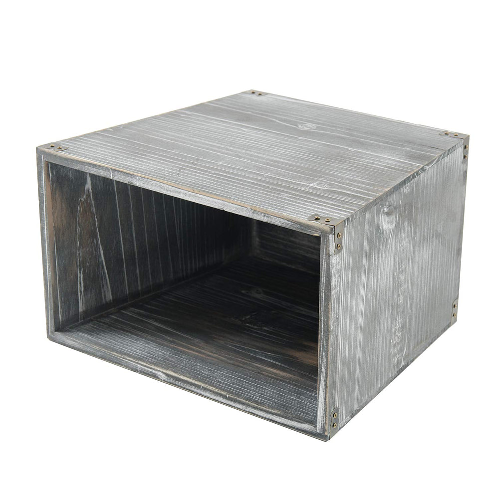 Grey Farmhouse Style Torched Wood Trash Can Waste Bin with Decorative Metal B...