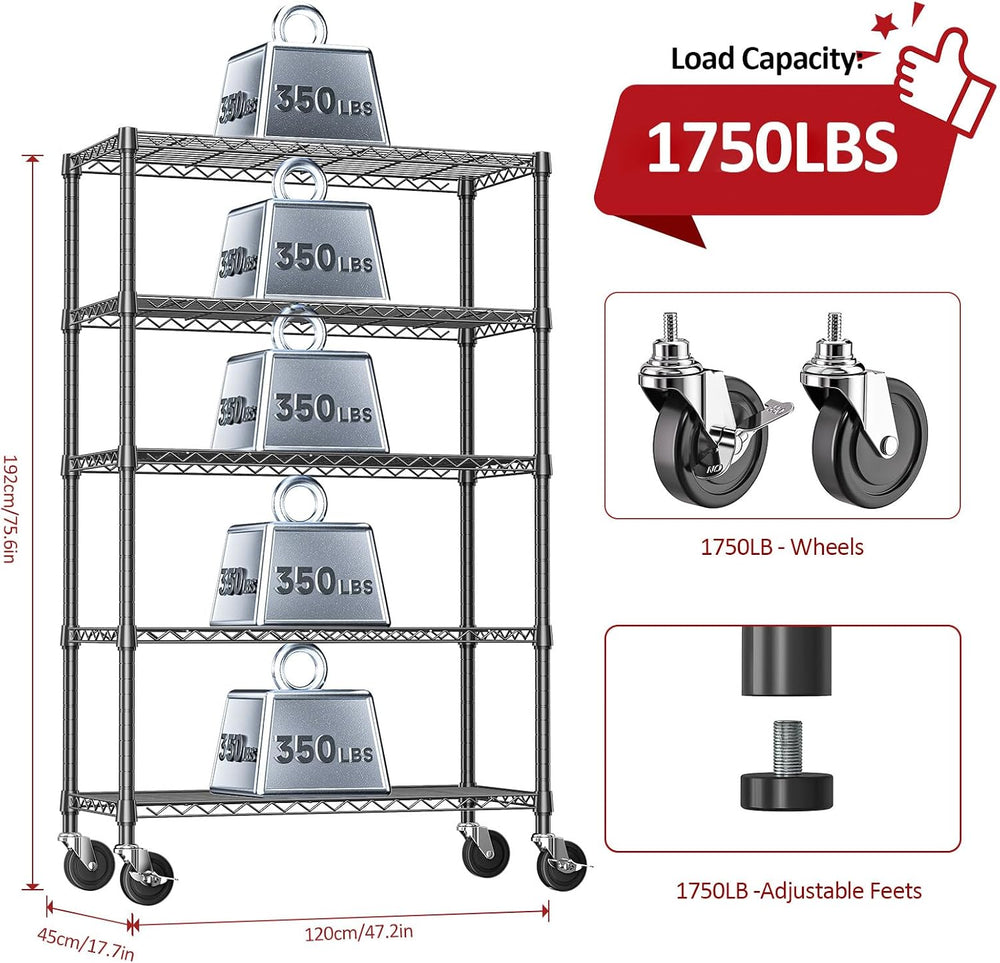 IZEUK 5-Tier Adjustable Heavy Duty Steel Wire Shelving Unit with Wheels, Stor...